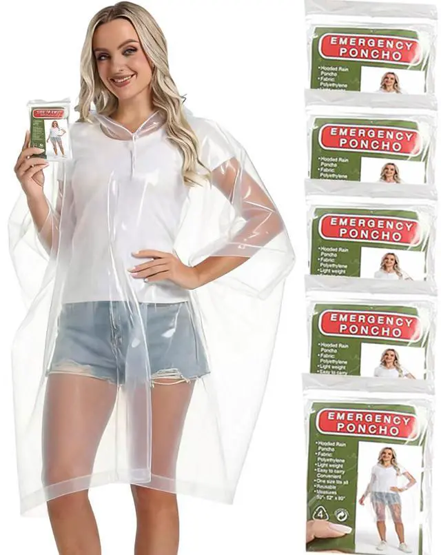 Alt view image 2 of 2 - 5 Pack Disposable Rain Ponchos, with Drawstring Hood Emergency Rain Ponchos Family Pack for Adults