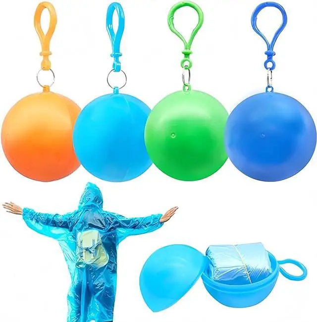 Main image of 4 Pack Portable Disposable Emergencywith Hood and Attachable Round Case, Raincoats Rain Poncho in A Ball Waterproof Raincoat In Keychain Ball, Adult Rainwear for Camping, Cycling