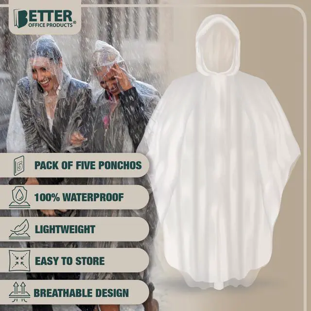 Alt view image 3 of 5 - Disposable Clear Rain Ponchos with Hood for Adults, Emergency Ponchos Family Pack, Lightweight, Non-Toxic PE Plastic (5 Pack, Polyethylene (PE))