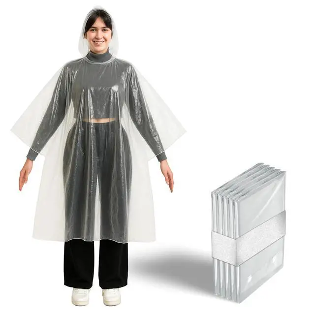 Main image of Disposable Clear Rain Ponchos with Hood for Adults, Emergency Ponchos Family Pack, Lightweight, Non-Toxic PE Plastic (5 Pack, Polyethylene (PE))