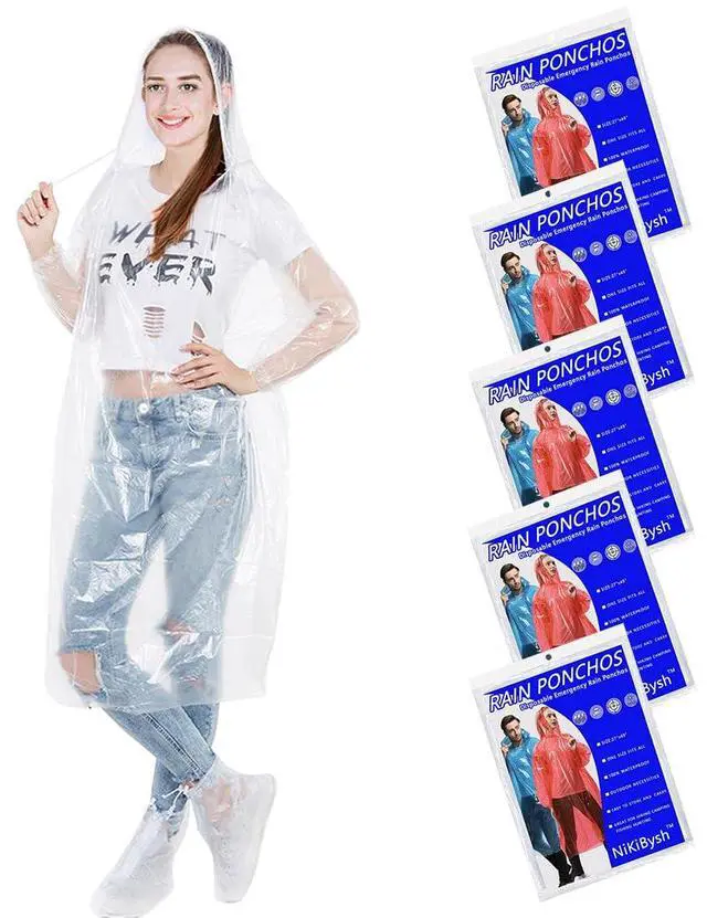 Main image of 5 pack Disposable Rain Ponchos with Hood for Adults Emergency Raincoat for Women and Men