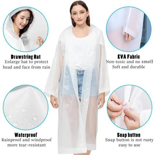 Alt view image 4 of 7 - Reusable Adults Rain Ponchos, 2 Pcs EVA Portable Raincoats for Women Men with Hood for Disney Outdoor (2Pcs-white)