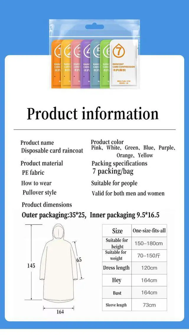 Alt view image 6 of 7 - rain Coat- Poncho-Ponchos-Compact Travel-Clear Ponchos with Hood -Emergency Rain Poncho for Adults 7 PCS Disposable Travel Set with 14pcs Waterproof Shoe Stickers