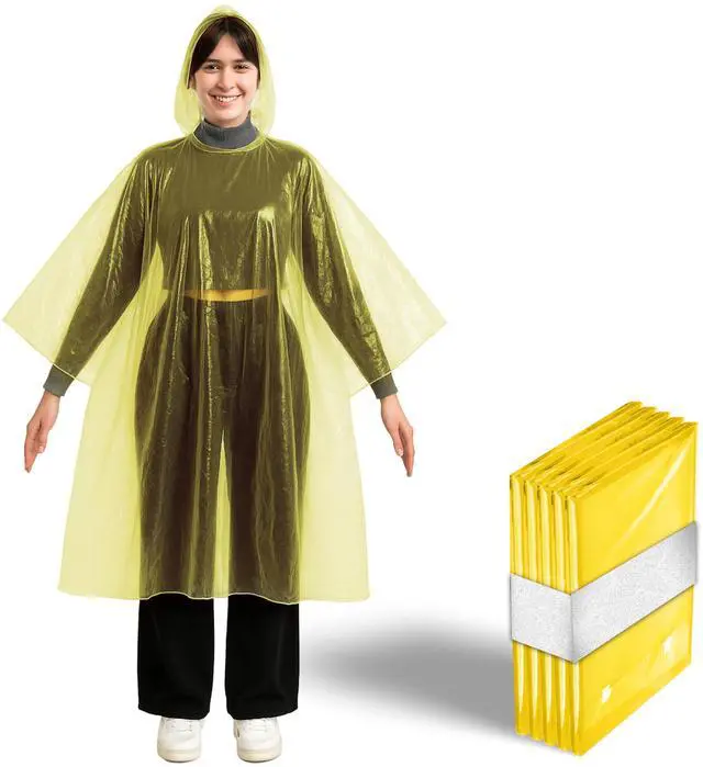 Main image of Yellow Rain Ponchos with Hood for Adults, Emergency Ponchos Family Pack, Lightweight, Non-Toxic PE Plastic (5 Pack, Polyethylene (PE))