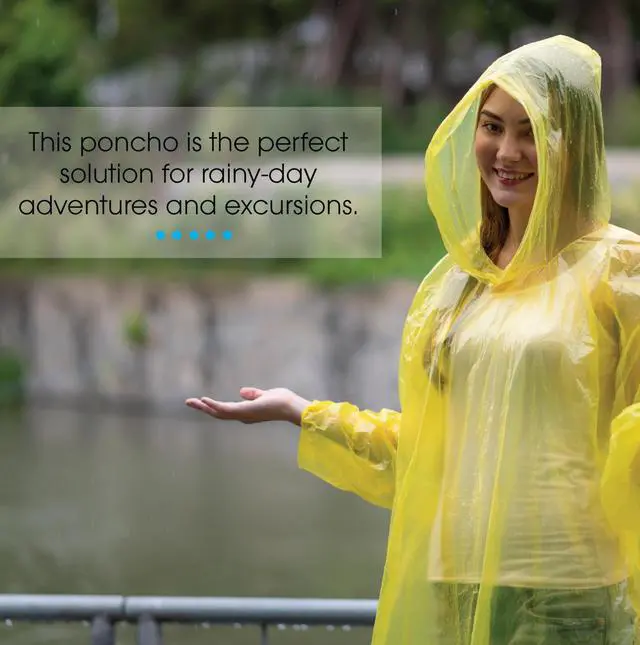 Alt view image 2 of 5 - Yellow Rain Ponchos with Hood for Adults, Emergency Ponchos Family Pack, Lightweight, Non-Toxic PE Plastic (5 Pack, Polyethylene (PE))