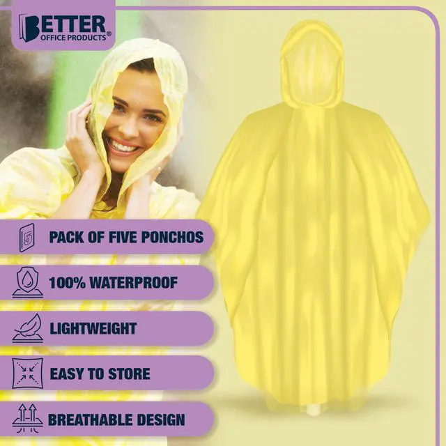 Alt view image 3 of 5 - Yellow Rain Ponchos with Hood for Adults, Emergency Ponchos Family Pack, Lightweight, Non-Toxic PE Plastic (5 Pack, Polyethylene (PE))