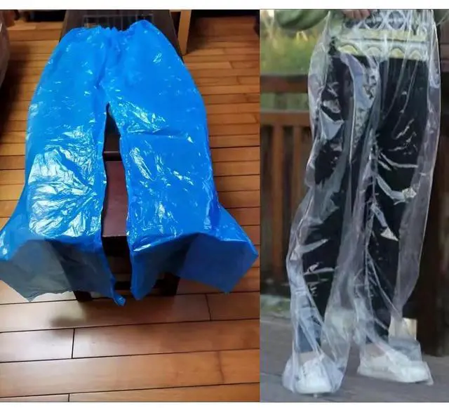 Alt view image 4 of 7 - 4 Pack Disposable Rain Pants Raincoat Unisex Adult Waterproof Long Tube Rain Pant with Shoe Cover Thickened Plastic Foot Wrapped Rainpants Outdoor Activities Travel Cycling