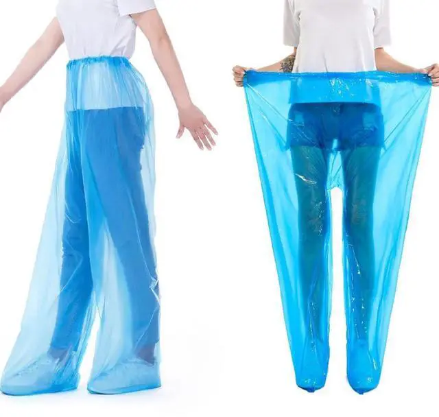 Alt view image 7 of 7 - 4 Pack Disposable Rain Pants Raincoat Unisex Adult Waterproof Long Tube Rain Pant with Shoe Cover Thickened Plastic Foot Wrapped Rainpants Outdoor Activities Travel Cycling