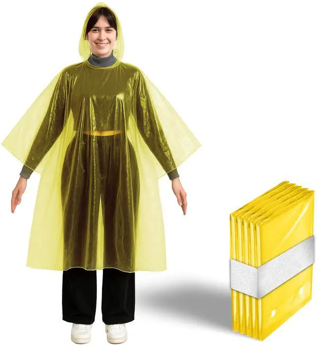 Main image of Office Products Disposable Yellow Rain Ponchos with Hood for Adults (Thicker Gauge), Emergency Ponchos, Lightweight, Non-Toxic PE Plastic (5 Pack, Polyethylene (PE))