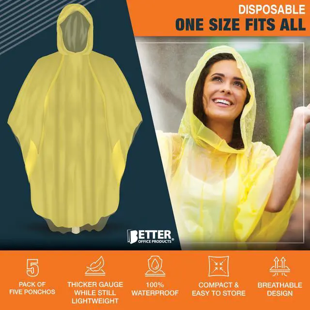 Alt view image 3 of 5 - Office Products Disposable Yellow Rain Ponchos with Hood for Adults (Thicker Gauge), Emergency Ponchos, Lightweight, Non-Toxic PE Plastic (5 Pack, Polyethylene (PE))