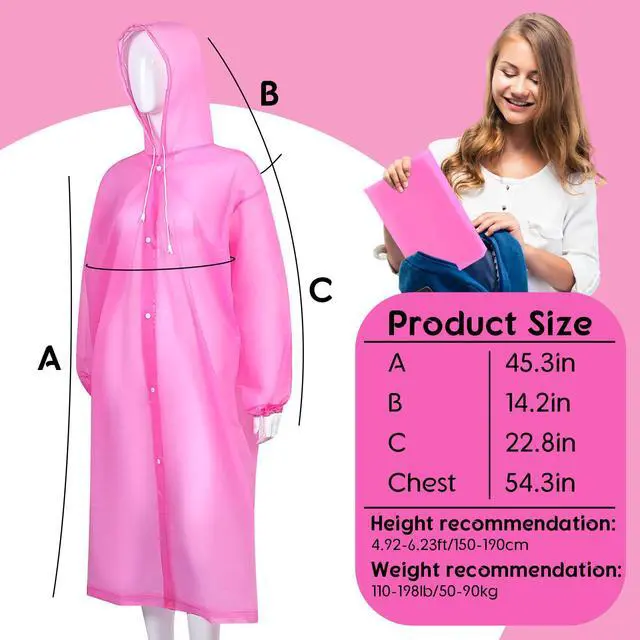 Alt view image 2 of 7 - Rain Ponchos for Adults Reusable Rain Coats with Hood and Drawstring Thicken Ponchos Waterproof for Women(Pink)