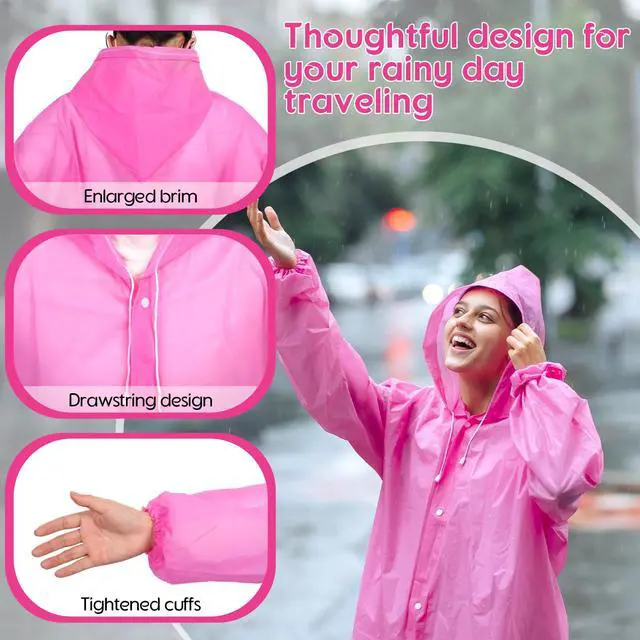 Alt view image 3 of 7 - Rain Ponchos for Adults Reusable Rain Coats with Hood and Drawstring Thicken Ponchos Waterproof for Women(Pink)