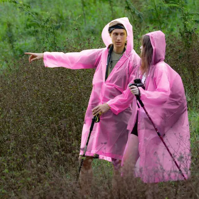 Alt view image 6 of 7 - Rain Ponchos for Adults Reusable Rain Coats with Hood and Drawstring Thicken Ponchos Waterproof for Women(Pink)