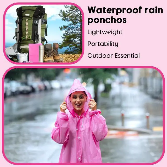 Alt view image 7 of 7 - Rain Ponchos for Adults Reusable Rain Coats with Hood and Drawstring Thicken Ponchos Waterproof for Women(Pink)