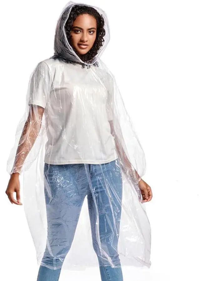 Main image of Disposable Rain Ponchos for Adults with Drawstring Hood -3 Pack Clear