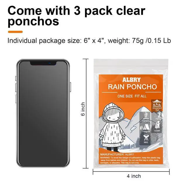 Alt view image 2 of 6 - Disposable Rain Ponchos for Adults with Drawstring Hood -3 Pack Clear