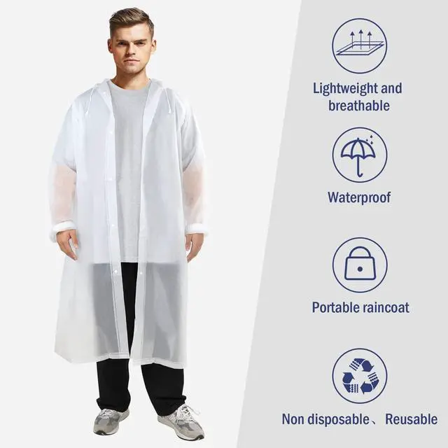 Alt view image 2 of 6 - Rain Ponchos for Adults Women Clear Rain Jackets Waterproof with Hood Packable Rain Jacket Unisex Disposable Travel Rain Coats for Women Lightweight White 10-12
