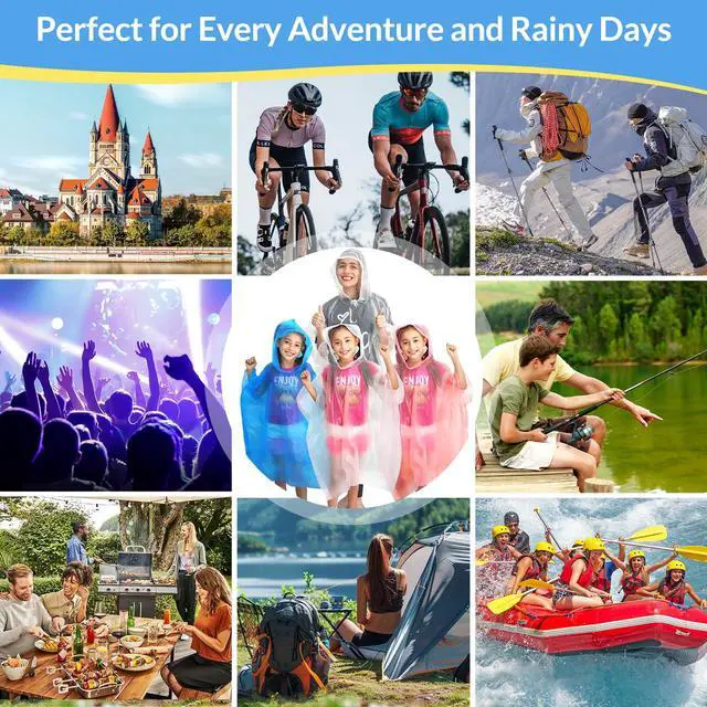 Alt view image 3 of 3 - Family Pack Disposable Rain Ponchos: Waterproof, Reusable, Lightweight for Adults & Kids