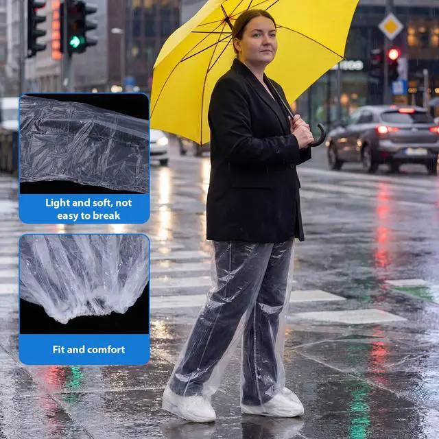 Alt view image 4 of 7 - 2 Pcs Disposable Rain Pants, Unisex Adult Long Tube Rain Pant with Shoe Cover Waterproof Thickened Long Pant Boot Covers for Outdoor Activities Fishing Travel Cycling (White, Blue)