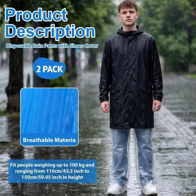 Alt view image 5 of 7 - 2 Pcs Disposable Rain Pants, Unisex Adult Long Tube Rain Pant with Shoe Cover Waterproof Thickened Long Pant Boot Covers for Outdoor Activities Fishing Travel Cycling (White, Blue)