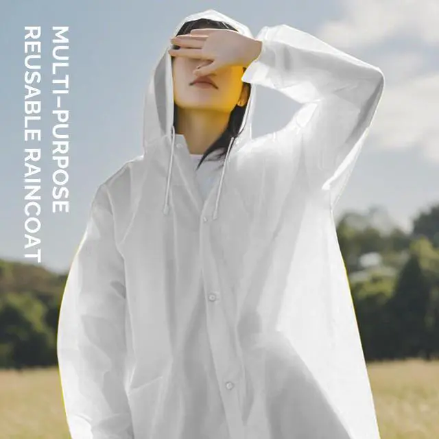 Alt view image 5 of 6 - Rain Ponchos for Adults,2 Pack Reusable EVA Rain Jacket Coats with Hood for Women and Men,White and Grey
