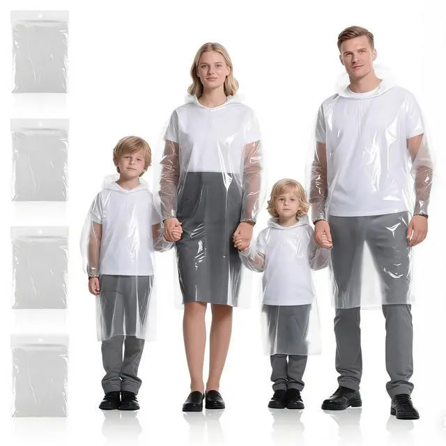 Main image of 4 Pack Clear Disposable Rain Ponchos for Adults and kids - Emergency Rain Ponchos for Family with Hood, Portable Rain Poncho for Outdoor, Theme Park Essentials, Hiking