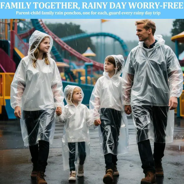 Alt view image 2 of 6 - 4 Pack Clear Disposable Rain Ponchos for Adults and kids - Emergency Rain Ponchos for Family with Hood, Portable Rain Poncho for Outdoor, Theme Park Essentials, Hiking