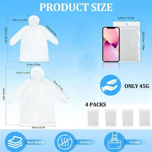 Alt view image 3 of 6 - 4 Pack Clear Disposable Rain Ponchos for Adults and kids - Emergency Rain Ponchos for Family with Hood, Portable Rain Poncho for Outdoor, Theme Park Essentials, Hiking