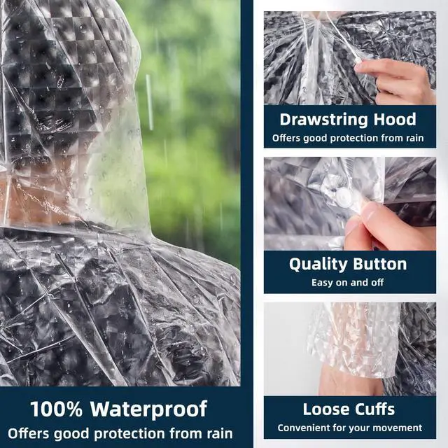 Alt view image 3 of 6 - 1 Pack Rain Ponchos for Adults Reusable, New upgraded Thickened EVA Travel Raincoat Jacket with Hoods and Sleeves, 3D White Waterproof Capes Ponchos for Men Women Outdoor Hiking Camping
