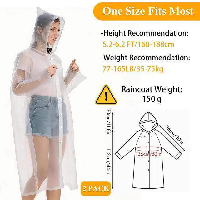 Alt view image 2 of 7 - 2 Pack Rain Coat, Rain Poncho, Ponchos Family Pack, Raincoat, Clear Rain Jacket for Adults with Drawstring Hood for Women, Men, Camping, Hiking, Travelling, Emergency