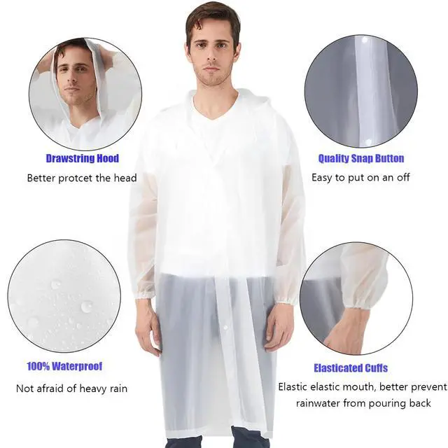 Alt view image 2 of 7 - Rain Ponchos Raincoats for Adults, 2 Pcs Reusable Rain Jacket Coats with Hoods and Sleeves for Men Women (White)