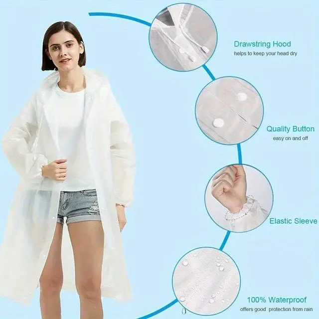 Alt view image 4 of 6 - 2pc Unisex Adult Portable Raincoat, Transparent EVA Rain Poncho With Drawstring Hood And Sleeves, Reusable Waterproof Rainwear For Outdoor Activities, Travel & Emergency