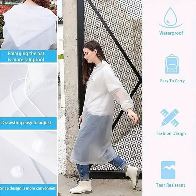 Alt view image 6 of 6 - 2pc Unisex Adult Portable Raincoat, Transparent EVA Rain Poncho With Drawstring Hood And Sleeves, Reusable Waterproof Rainwear For Outdoor Activities, Travel & Emergency