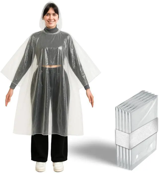 Main image of Disposable Clear Rain Ponchos with Hood for Adults (Thicker Gauge), Emergency Ponchos, Lightweight, Non-Toxic PE Plastic (5 Pack, Polyethylene (PE))