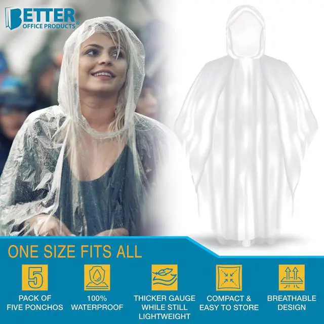 Alt view image 3 of 5 - Disposable Clear Rain Ponchos with Hood for Adults (Thicker Gauge), Emergency Ponchos, Lightweight, Non-Toxic PE Plastic (5 Pack, Polyethylene (PE))