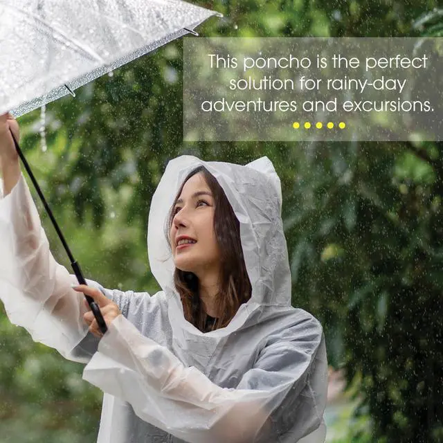 Alt view image 2 of 5 - Disposable Clear Rain Ponchos with Hood for Adults (Thicker Gauge), Emergency Ponchos, Lightweight, Non-Toxic PE Plastic (5 Pack, Polyethylene (PE))