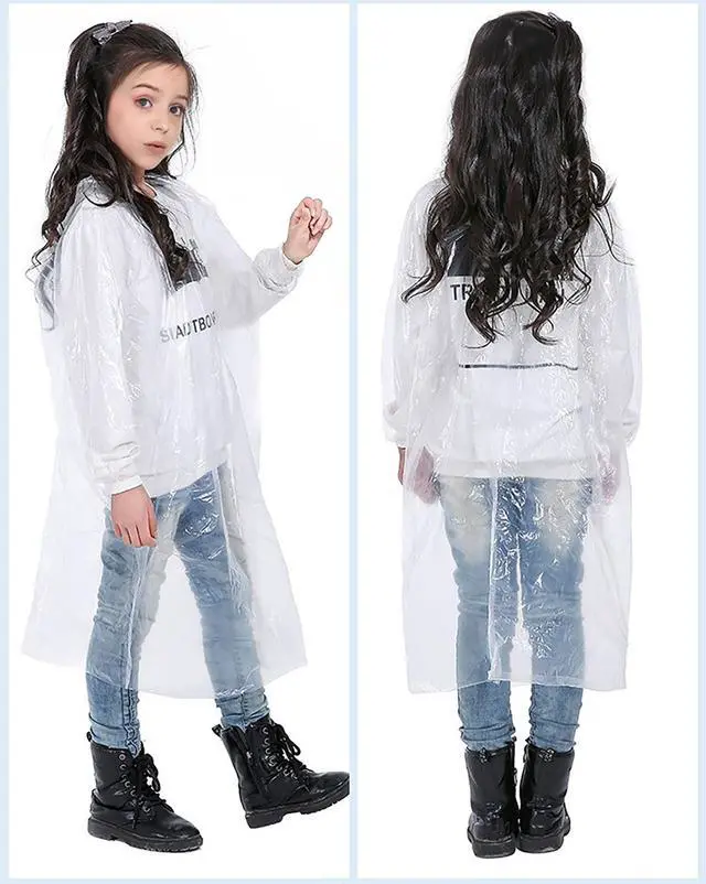 Alt view image 3 of 4 - Disposable Rain Ponchos for Kids (5 Pack), Thicker Emergency Raincoats Hooded Rain Jacket Ponchos Family Pack, Clear