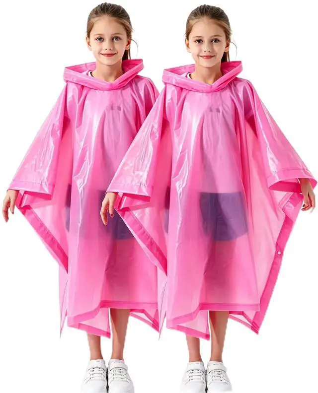 Main image of 2 Pack Raincoats for Kids, Kids Rain Jacket Reusable Emergency Rain Ponchos with Big Hood Rain Coats for Girls Pink