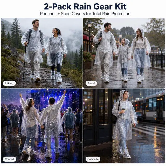 Alt view image 2 of 7 - 2 Sets Rain Ponchos Disposable & Shoe Covers Waterproof Emergency Clear Rain Poncho with Elastic Shoe Covers for Outdoor Camping Hiking Theme Parks Travel Men Women Daily Use