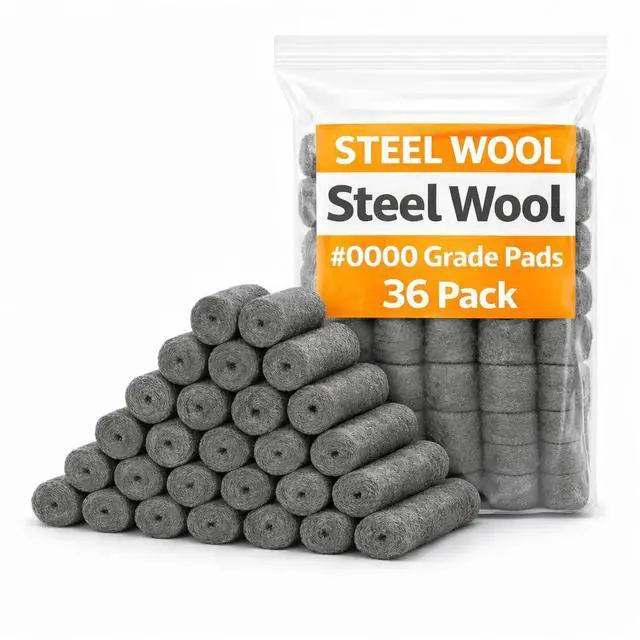 Main image of Steel Wool #0000 Grade Pads, 36 Pack Flexible Cut to Size Wire Wool for Glass Shower Door Hard Water Removal, Chrome & Stainless Steel Polishing, Weep Hole Gap Filler, Mice Control & Rodent Barrier