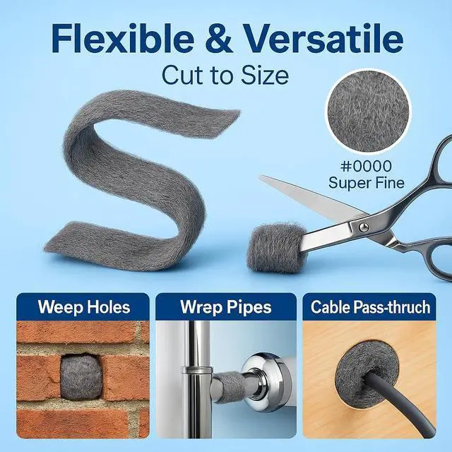 Alt view image 3 of 7 - Steel Wool #0000 Grade Pads, 36 Pack Flexible Cut to Size Wire Wool for Glass Shower Door Hard Water Removal, Chrome & Stainless Steel Polishing, Weep Hole Gap Filler, Mice Control & Rodent Barrier