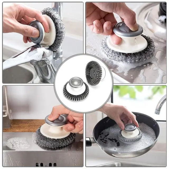 Alt view image 4 of 7 - 2Pcs Stainless Steel Scrubber with Handle, Steel Wool Scrubber Tool for Cleaning Dishes, Scrubbing Scouring Brush Pad for Kitchen Pots, Pans, Sink