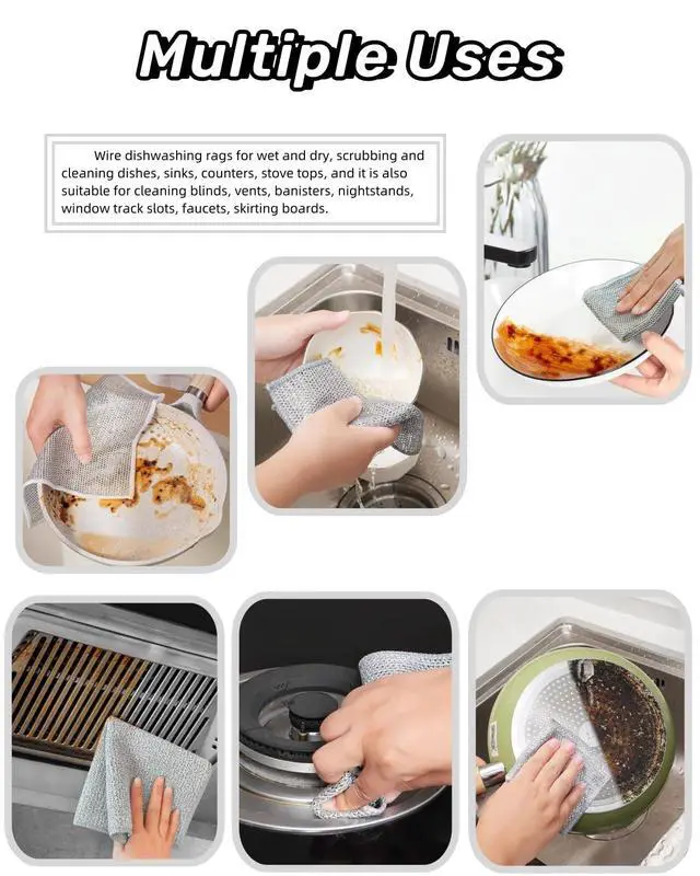 Alt view image 5 of 6 - Stainless Steel Scrubber and Cleaning Rags - Non Scratch Wire Dishcloth for Washing Dishes, Steel Wool Scrubber and Dish Towels for Kitchen (6PCS)