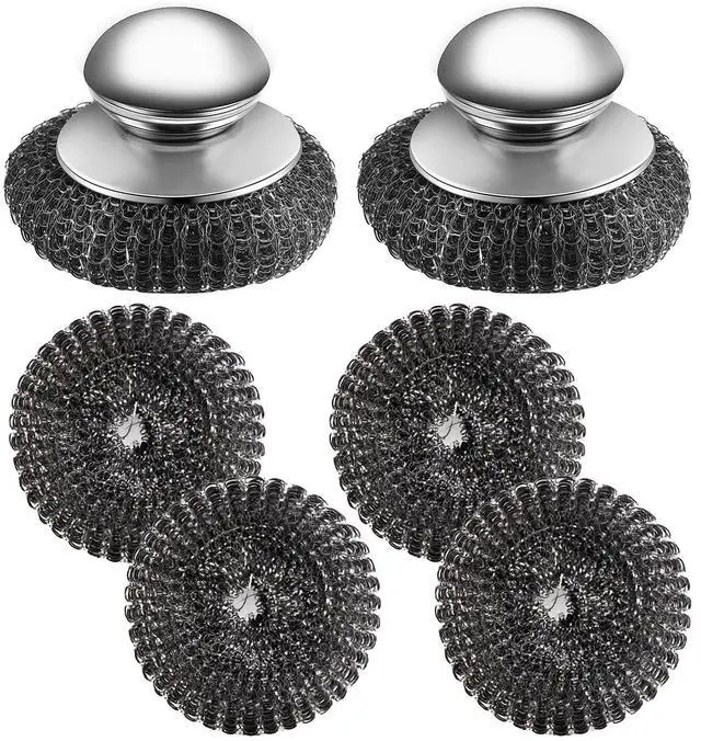 Main image of 2Pcs Stainless Steel Wool Scrubber with Handle, 4 Replacement Steel Scrubber Wool PadsStainless Steel Scrubber for Cleaning Cast Iron, Dishes, Kitchen Pots, Pans, Grills, Stoves, Sink