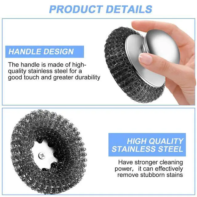 Alt view image 3 of 7 - 2Pcs Stainless Steel Wool Scrubber with Handle, 4 Replacement Steel Scrubber Wool PadsStainless Steel Scrubber for Cleaning Cast Iron, Dishes, Kitchen Pots, Pans, Grills, Stoves, Sink