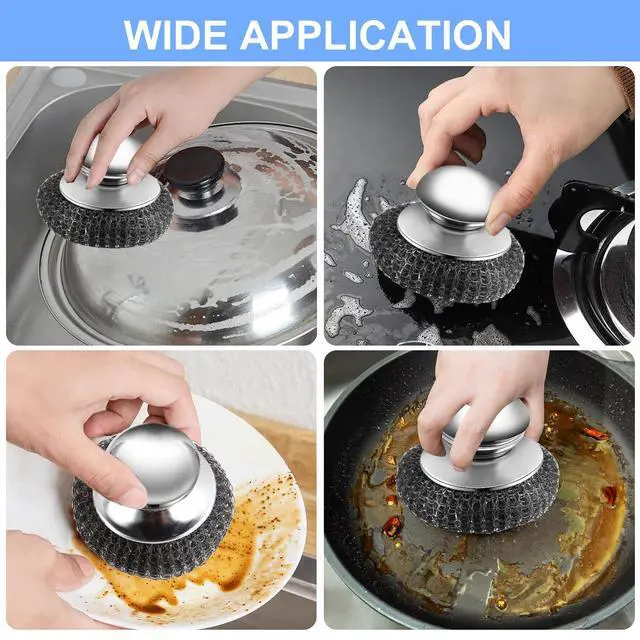 Alt view image 6 of 7 - 2Pcs Stainless Steel Wool Scrubber with Handle, 4 Replacement Steel Scrubber Wool PadsStainless Steel Scrubber for Cleaning Cast Iron, Dishes, Kitchen Pots, Pans, Grills, Stoves, Sink