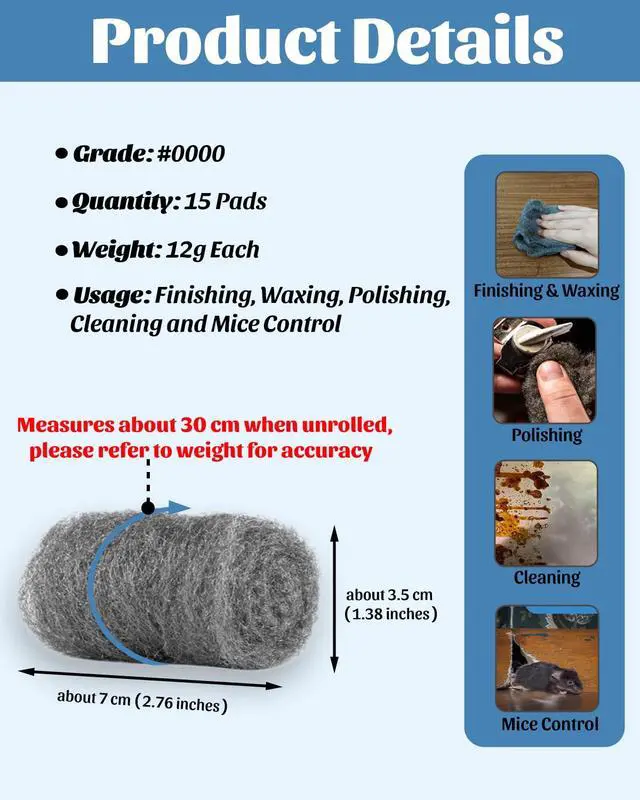 Alt view image 2 of 7 - Steel Wool Pads 0000 for Glass - 15 Pcs Extra Fine SteelWool for Cleaning & Polishing - Steel Wool Mice Control