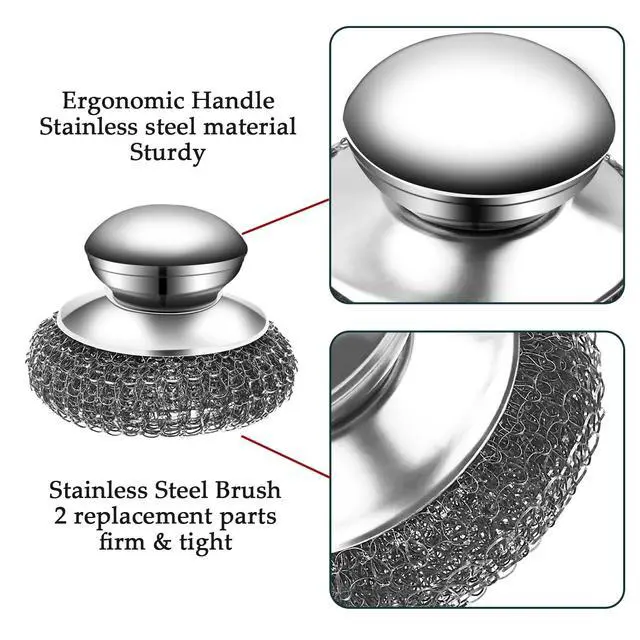 Alt view image 3 of 7 - 2Pcs Stainless Steel Wool Scrubber Set with Handle2 Replacement Steel Scrubber Wool Pads, and Scrubbing Brushes Cleaning Supplies for Pots, Pans, Grills, Sink