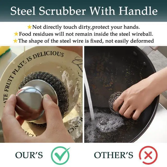 Alt view image 4 of 7 - 2Pcs Stainless Steel Wool Scrubber Set with Handle2 Replacement Steel Scrubber Wool Pads, and Scrubbing Brushes Cleaning Supplies for Pots, Pans, Grills, Sink