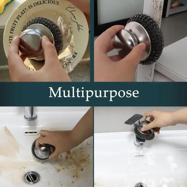 Alt view image 6 of 7 - 2Pcs Stainless Steel Wool Scrubber Set with Handle2 Replacement Steel Scrubber Wool Pads, and Scrubbing Brushes Cleaning Supplies for Pots, Pans, Grills, Sink